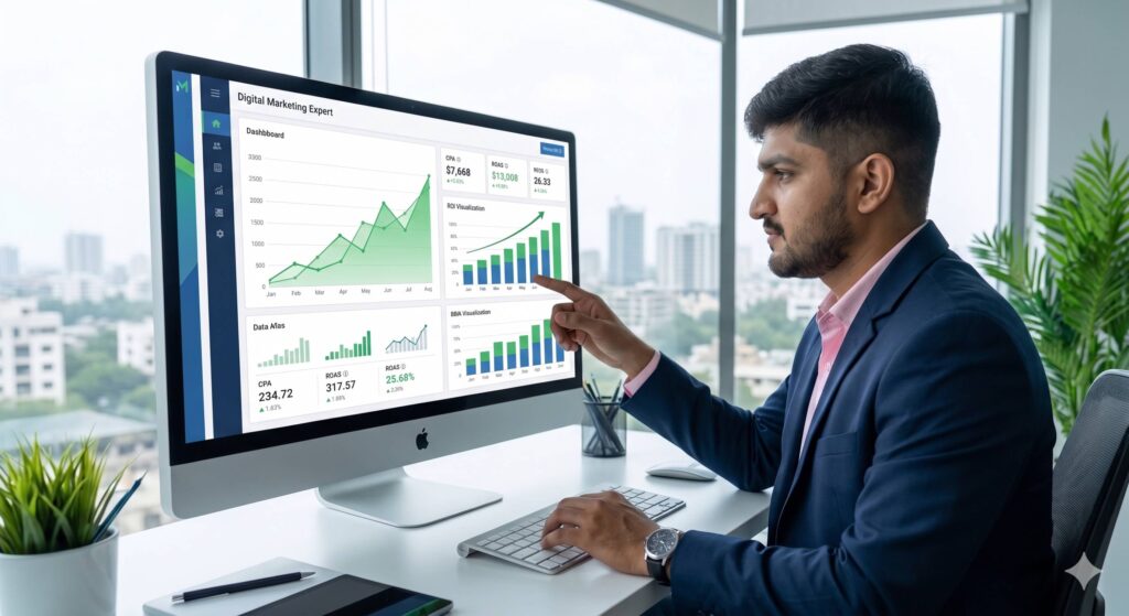 A digital marketing professional in Ahmedabad analyzing a real-time data dashboard showing increasing ROI and conversion metrics for a client.